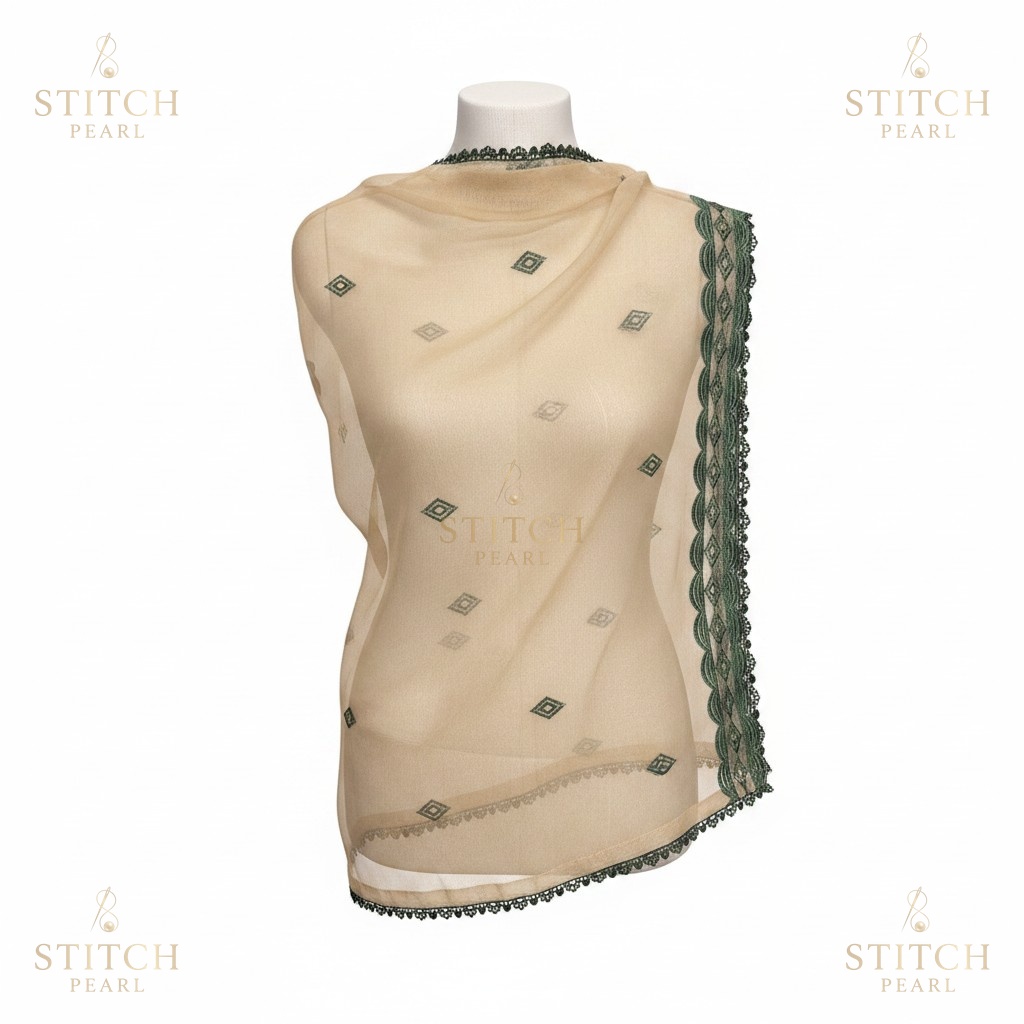 Stitch Pearl Guldasta Bottle Green Lace Dupatta