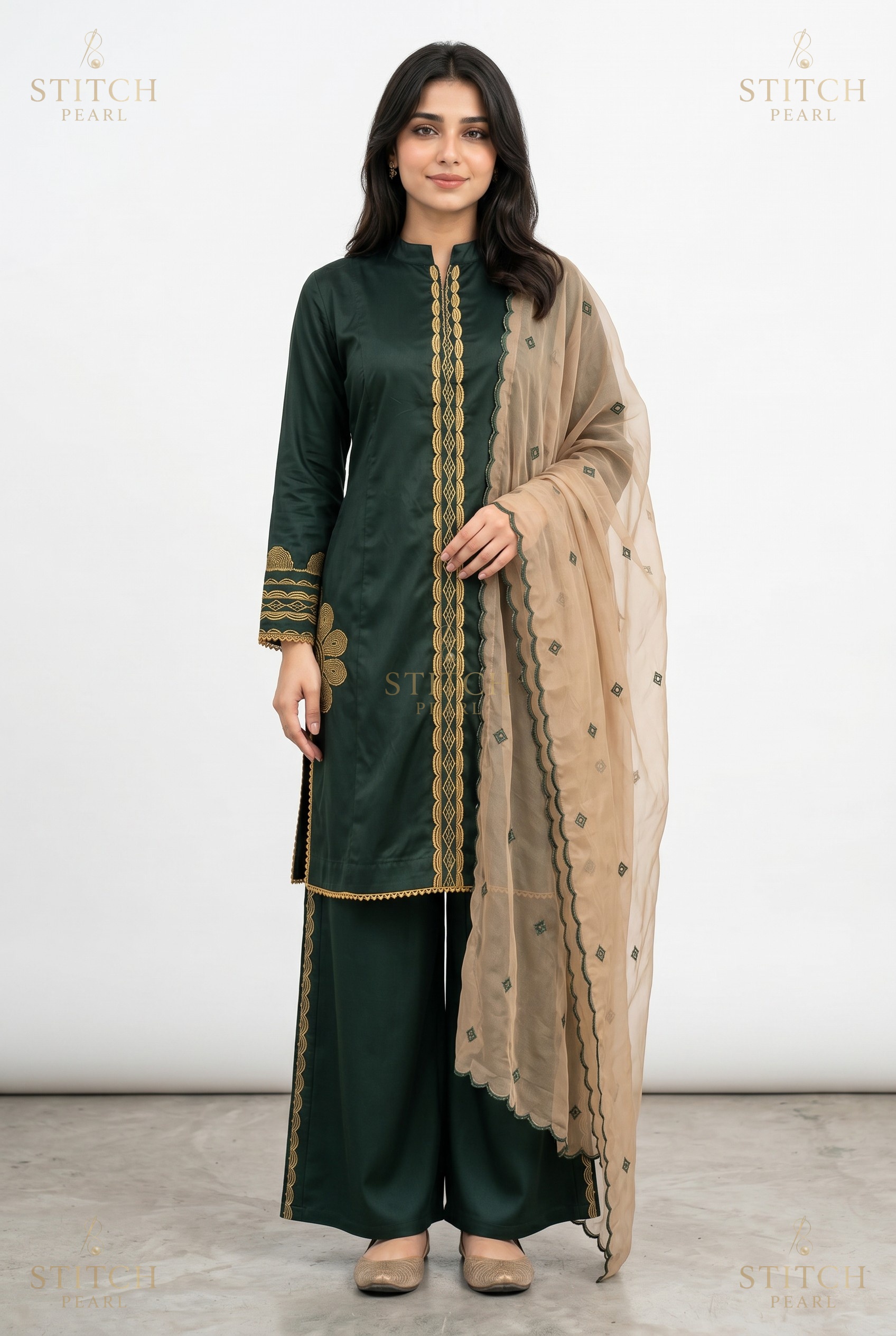 Stitch Pearl Guldasta Bottle Green Suit Back View