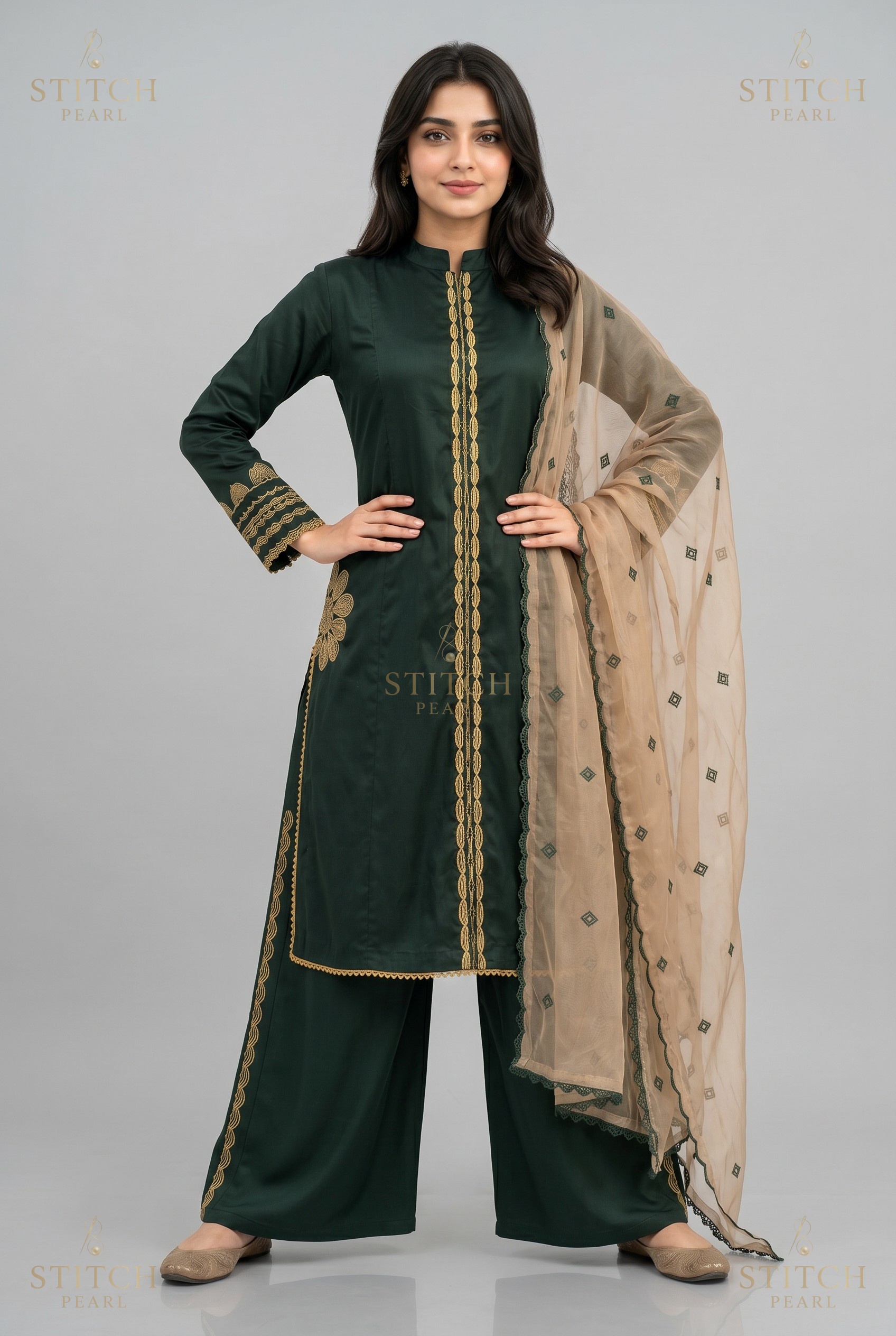 Stitch Pearl Guldasta Bottle Green Suit Close View