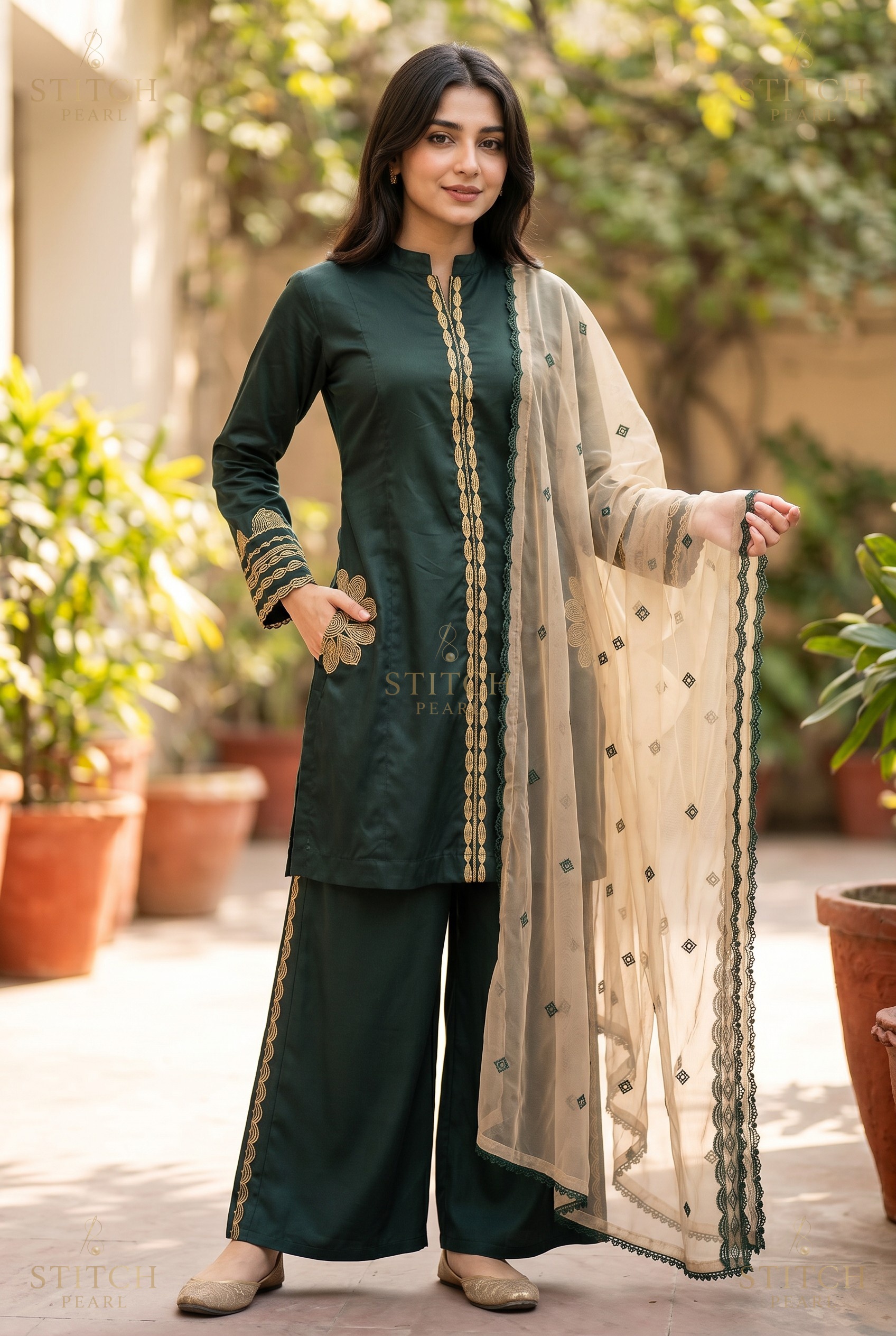 Stitch Pearl Guldasta Bottle Green Suit Front View