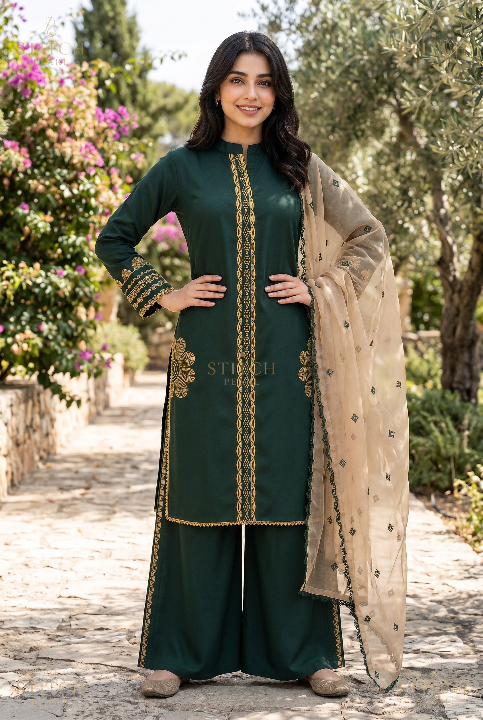 Stitch Pearl Guldasta Bottle Green Suit Full View