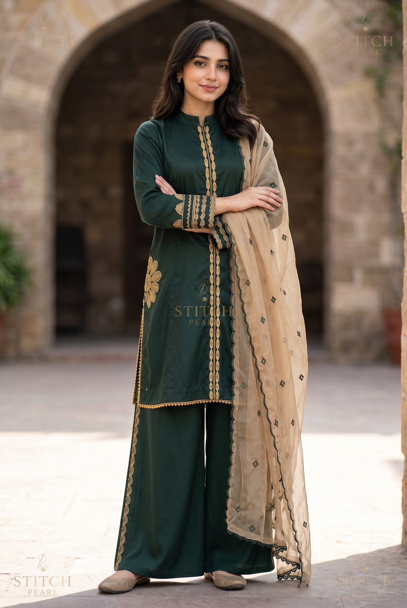 Stitch Pearl Guldasta Bottle Green Suit Side View