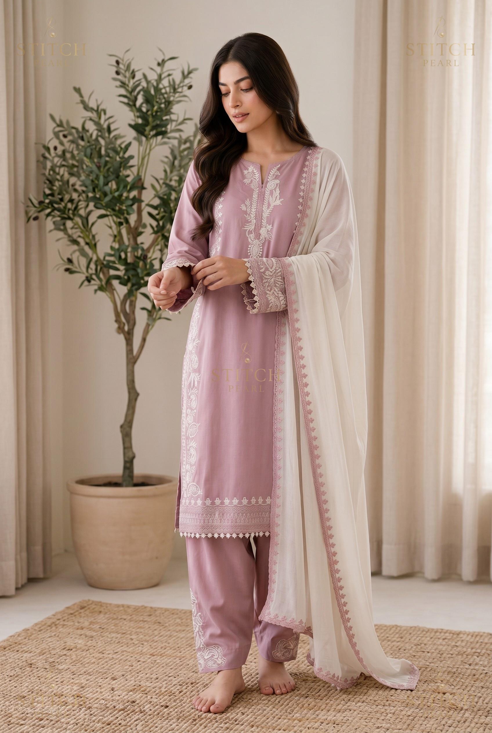 Stitch Pearl Naqsh Tea Pink Suit Full View